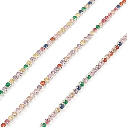 Silver Brass Link Chains, with Colorful Cubic Zirconia, Unwelded, with Spool, Silver, 2x2mm