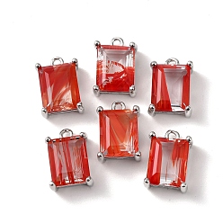 Красный Латунь стекло амулеты, прямоугольные, граненые, платина, красные, 13x9x6 мм, отверстие : 1.2 мм