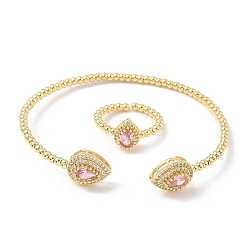 Бледно-Розовый Наборы из каплевидных латунных браслетов-манжет и колец с микропаве из кубических цирконий для женщин, стойки покрытие, реальный 18 k позолоченный, розовый жемчуг, браслет: 3~11ширина мм, 59x53 мм внутренним диаметром