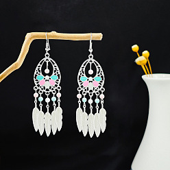 Платина Серьги-люстры из сплава в богемном стиле с плетеными перьями, украшения для женщин, платина, 75x18 мм