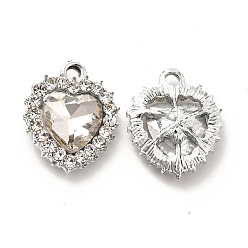 Clear Alloy Glass Pendants, Crystal Rhinestone Heart Charm, Platinum, Clear, 19x16x5.8mm, Hole: 2mm