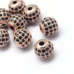 Rose Gold Rack Plating Brass Cubic Zirconia Beads, Long-Lasting Plated, Round, Rose Gold, 9.5~10x9~9.5mm, Hole: 2mm