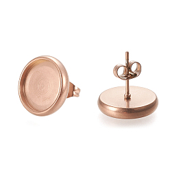 Rose Gold Ion Plating(IP) 304 Stainless Steel Stud Earring Settings, with Ear Nuts, Flat Round, Rose Gold, 14.5mm, Pin: 0.8mm, Tray: 12mm