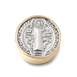 Chapado en Oro Real 18K Abalorios de latón, plano y redondo con Benedict santo, chapado en rack, larga duración plateado, sin plomo y cadmio, real 18 k chapado en oro, 12x4.5 mm, agujero: 1.8 mm