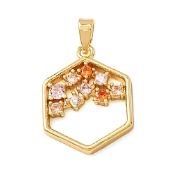 Golden Brass Micro Pave Colorful Cubic Zirconia Pendants, Hexagon Charms, Golden, 19x14.5x2.5mm, Hole: 4x2mm