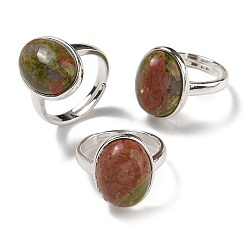 Унакит Овальные регулируемые кольца из натурального унакита, без свинца и без кадмия, посеребренные латунные перстни для женщин и мужчин, овальный : 18x14 mm, внутренний диаметр: 18 мм