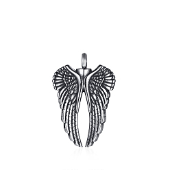 Antique Silver Openable Stainless Steel Memorial Urn Ashes Pendants, Wing, Antique Silver, 40x27mm