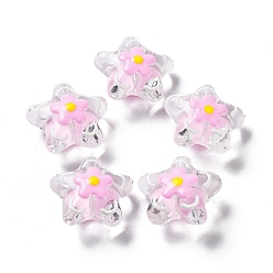 Pearl Pink Handmade Lampwork Beads, with Enamel, Star with Flower, Pearl Pink, 20~20.5x21~21.5x11.5~12mm, Hole: 1.6mm