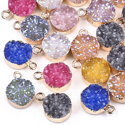 Mixed Color Electroplate Druzy Resin Pendants, with Iron Findings, Flat Round, Light Gold, Mixed Color, 16~17x12x6~7mm, Hole: 1mm