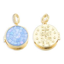 Cornflower Blue Brass Micro Pave Clear Cubic Zirconia Locket Pendants, with Natural Abalone Shell/Paua Shell, Dyed, Nickel Free, Real 18K Gold Plated, Flat Round Charm with Virgin Mary Pattern Inside, Cornflower Blue, 21x19x8mm, Hole: 4x5.5mm