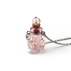 Pink Luminous Round Lampwork Perfume Bottle Necklaces, with Titanium Steel Chains, Pink, 23.62 inch(60cm), Pendant: 18mm, Capacity: 0.5ml(0.02fl. oz)