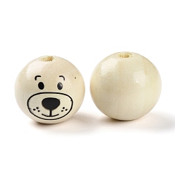 Beige Spray Painted Natural Wood European Beads, Large Hole Beads, Round with Printed Bear , Beige, 25mm, Hole: 6mm, about 100pcs/500g