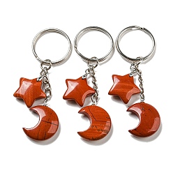 Красный Камень Брелки с подвесками в виде луны и звезды из натуральной красной яшмы Рейки, с железными кольцами для ключей, 7.8 см
