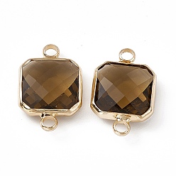 Smoked Topaz Transparent K9 Glass Connector Charms, with Light Gold Plated Brass Findings, Faceted, Square Links, Smoked Topaz, 19.5x12.5x4.5mm, Hole: 2.2mm