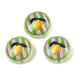 Green Printed Handmade Porcelain Beads, Flat Round with Lemon, Green, 15x6mm, Hole: 2mm