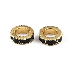Noir Laiton émail perles européennes, Perles avec un grand trou   , rondelle, crémaillère plaquage, plaqué longue durée, sans cadmium et sans plomb, réel 18 k plaqué or, noir, 9.5x3mm, Trou: 5mm