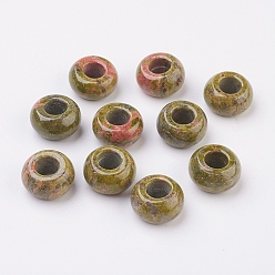 Unakite Perles naturelles unakite européennes, Perles avec un grand trou   , rondelle, 14x7~8mm, Trou: 6mm