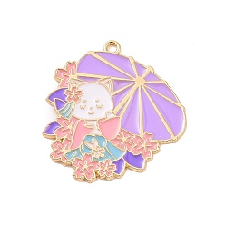 Lilas Pendentifs en émail , Chat en kimono de style japonais avec breloque parapluie, or, lilas, 33.5x31.5x1mm, Trou: 2mm