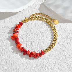 Red Jasper Natural Red Jasper Chips Beaded Bracelet, with Golden Stainless Steel Curb Chains, 6-1/4 inch(16cm)