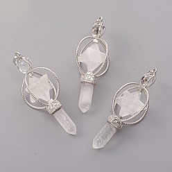 Quartz Crystal Natural Quartz Crystal Big Pointed Pendants, with Platinum Plated Brass Findings, Bullet & Merkaba Star, 63~66x29~30mm, Hole: 8x5mm