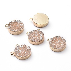 Druzy Agate Electroplate Natural Druzy Agate Charms, with Light Gold Plated Brass Findings, Flat Round, 14.5x12x4mm, Hole: 1.7mm
