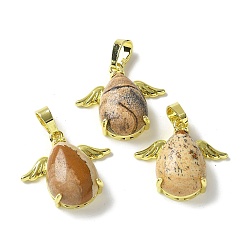 Пейзажный Джаспер Естественного изображения яшмы подвески, подвески-слезинки с золотистыми латунными крыльями, стойки покрытие, без кадмия и без свинца, 22.5x24.5x9 мм, отверстие : 7.5x4.5 мм