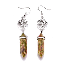 Unakite Pointed Bullet Natural Unakite Dangle Earrings, with Brass Earring Hooks and Flat Round with Tree of Life Links, Platinum, 76mm, Pin: 0.7mm