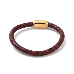 Coconut Brown Leather Braided Round Cord Bracelet with 304 Stainless Steel Clasp for Women, Coconut Brown, 7-5/8 inch(19.3cm)