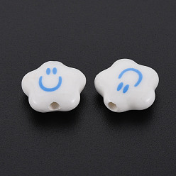 White Handmade Porcelain Beads, Star with Smile, White, 14x15x6.5mm, Hole: 2mm