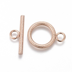 Rose Gold Ion Plating(IP) 304 Stainless Steel Toggle Clasps, for DIY Jewelry Making, Textured, Ring, Rose Gold, Bar: 7x20x2mm, Hole: 3mm, Ring: 19x14x2mm, Hole: 3mm