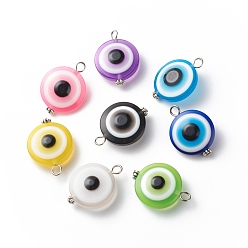 Platinum Transparent Evil Eye Resin Pendants, with Alloy Loops, Mixed Color, Flat Round Charm, Platinum, 27~27.5x20x9.5mm, Hole: 3mm