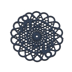 Prussian Blue 430 Stainless Steel Connector Charms, Etched Metal Embellishments, Flat Round with Flower Links, Prussian Blue, 18x0.5mm, Hole: 1.2mm