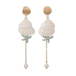 Golden Natural Spiral Shell & Shell Pearl Dangle Stud Earrings, Brass Starfish Tassel Earrings for Women, Golden, 87mm, Pin: 1mm