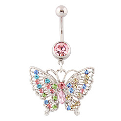 Colorful Butterfly Rhinestone Charm Belly Ring, Navel Ring, Piercing Jewelry for Women, Colorful, 45x27mm, Pin: 1.6mm, Head: 5mm