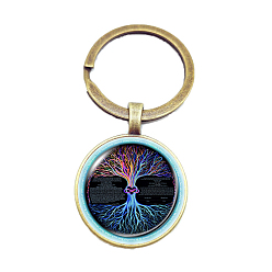 Deep Sky Blue Glass Keychains, Flat Round with Tree of Life Charms, Deep Sky Blue, 6cm