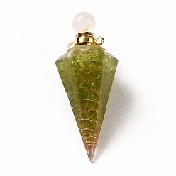 Перидот Подвески для флаконов духов из натурального перидота, подвески в виде граненых конусов из смолы с завинчивающейся крышкой из позолоченной латуни, 46.5~48x19~20x17~18 мм, отверстие : 1.8 мм