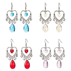 Mixed Color Tibetan Style Alloy Heart Chandelier Earrings, Glass Teardrop Long Drop Earrings, Mixed Color, 70x27mm