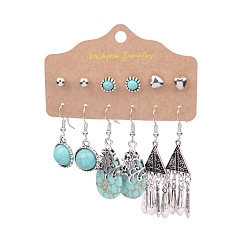 HQEF-0267 Set 1 Vintage Ethnic Style Earrings Set of 6 with Turquoise Stone in Antique Silver Finish