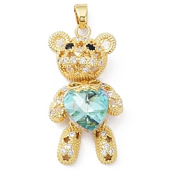 Pale Turquoise Real 18K Gold Plated Rack Plating Brass Micro Pave Cubic Zirconia Pendants, with Glass, Long-Lasting Plated, Cadmium Free & Lead Free, Bear with Star Pattern, Pale Turquoise, 38x19.5x9mm, Hole: 3.5x5mm