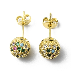 Colorful Rhinestone Disco Ball Stud Earrings, Real 18K Gold Plated Brass Jewelry for Women, Lead Free & Cadmium Free, Colorful, 19~20x8mm, Pin: 0.7mm
