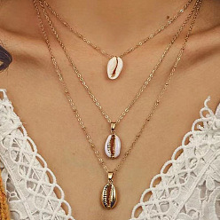 Golden 0943 Natural Shell Handmade Multi-layer Necklace for Women - Lock Collar Chain with Three Layers of Shells