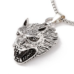 Antique Silver & Stainless Steel Color Alloy Wolf Pendant Necklace with 201 Stainless Steel Box Chains, Gothic Jewelry for Men Women, Antique Silver & Stainless Steel Color, 23.62 inch(60cm)