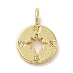 Real 14K Gold Plated Brass Pendants, Flat Round with Compass, Real 14K Gold Plated, 17x12x1.5mm, Hole: 3.2mm
