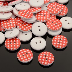 Orange Red 2-Hole Flat Round Polka Dot Printed Wooden Sewing Buttons, Dyed, Orange Red, 15x4mm, Hole: 1mm