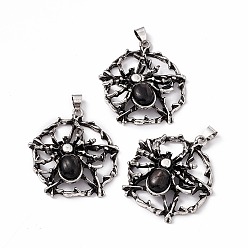 Hypersthene Natural Hypersthene Pendants, Flat Round with Spider Charms, with Antique Silver Color Brass Findings, 37~38x34~35x9mm, Hole: 5x4mm