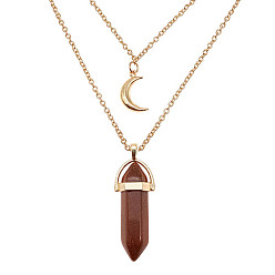 Goldstone Synthetic Goldstone Cone Pendant Double Layer Necklace, with Moon Charms, 19.69 inch(50cm)