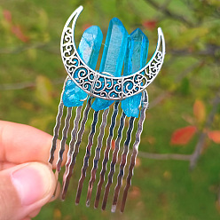 Deep Sky Blue Natural Crystal Quartz Hair Combs, with Metal Finding, for Women, Moon, Deep Sky Blue, 70x35mm