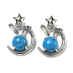 Бирюза Синтетические бирюзовые подвески, Подвески в виде кролика со стойкой из латуни, луны и звезды, платина, без кадмия и без свинца, 27.5x18x9 мм, отверстие : 6x2.5 мм