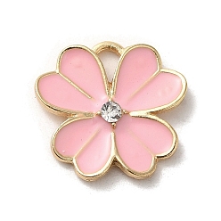 Pink Flower Alloy Enamel Pendants, with Rhinestone, Light Gold, Pink, 19x19.5x3mm, Hole: 4x2.5mm