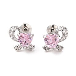 Pink Серьги-гвоздики из латуни с микропаве из кубического циркония, долговечный, цветок, платина, розовые, 10x10.5 мм